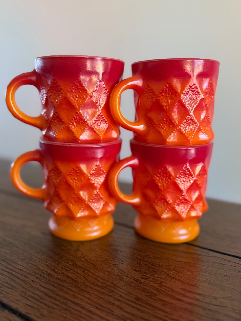 4 Vintage Anchor Hocking Fire King Kimberly Orange Ombré  Diamond Coffee Mugs